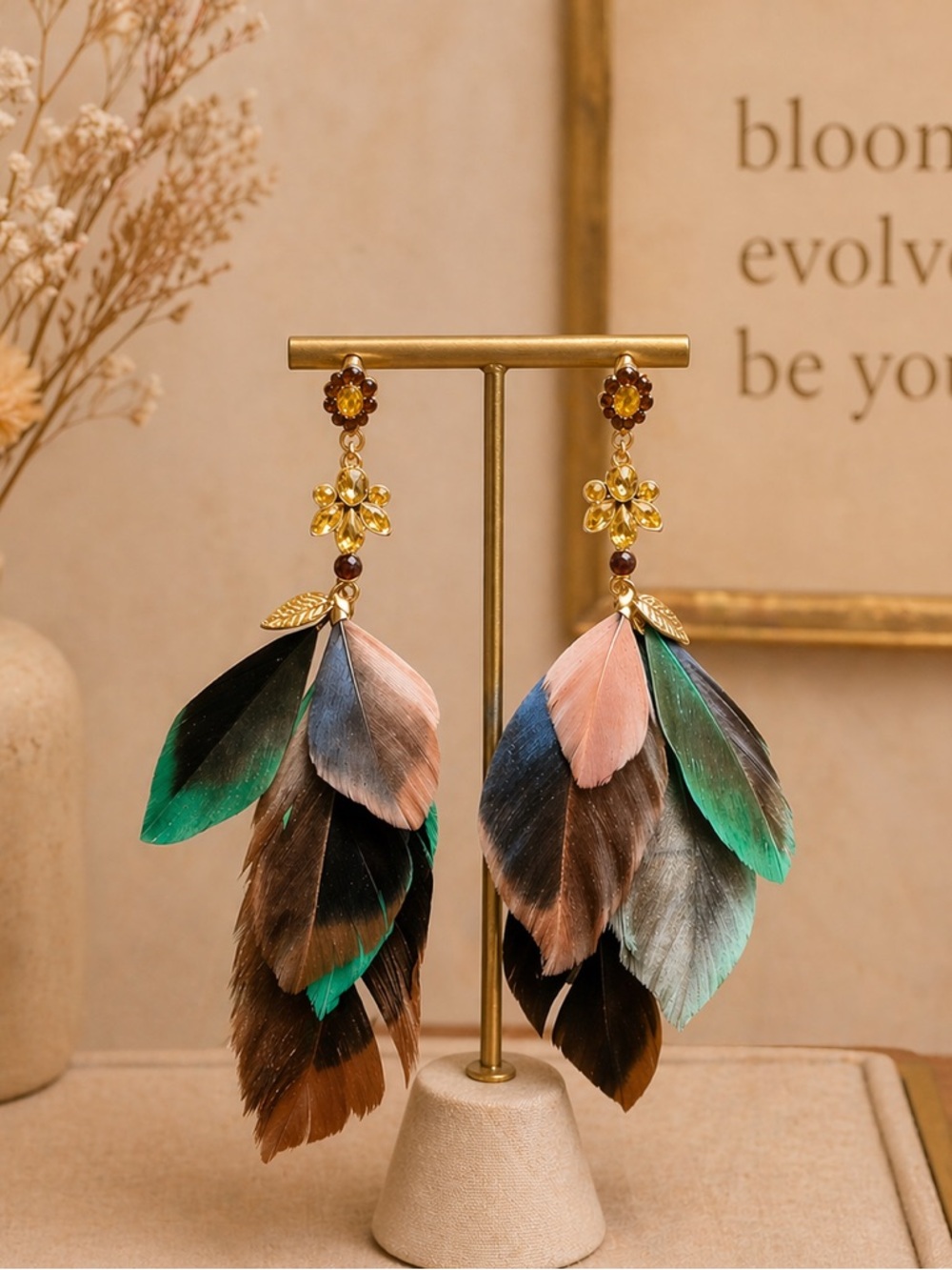 Feather Statement Earrings Green Brown Gold Floral Drop Earrings | Lightweight